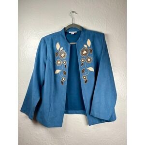 Womans Blue Faux Suede Floral Embroidered Open Front Jacket 1X Office Cottage